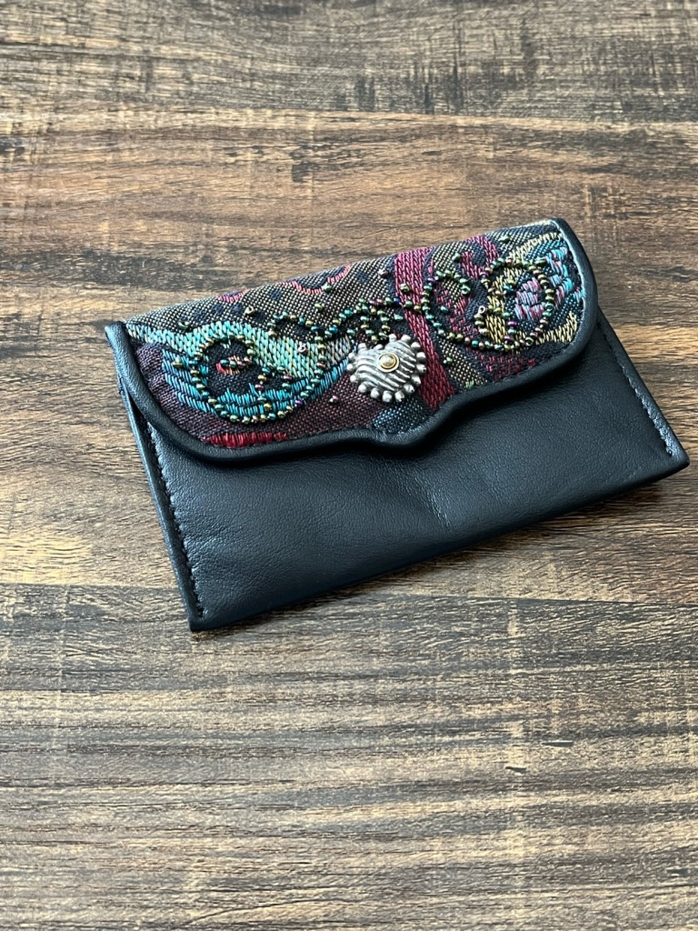 Brighton Black Leather Embroidered & Beaded Compact Wallet Card Case with Snap
